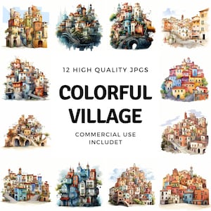 Italian village square clipart - 12 High Quality JPGs - instant Download - Card Making, invitations, journals, Scrapbooking, Junk journals