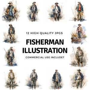 Fisherman illustration clipart - 12 High Quality JPGs - instant Download - Card Making, invitations, journals, Scrapbooking, Junk journals