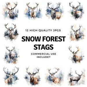 Snow Forest Stag clipart - 12 High Quality JPGs - instant Download - Card Making, invitations, journals, Scrapbooking, Junk journals