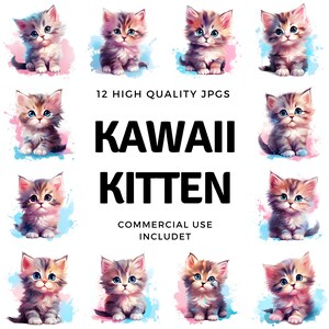 Kawaii kitten clipart - 12 High Quality JPGs - instant Download - Card Making, invitations, journals, Scrapbooking, Junk journals