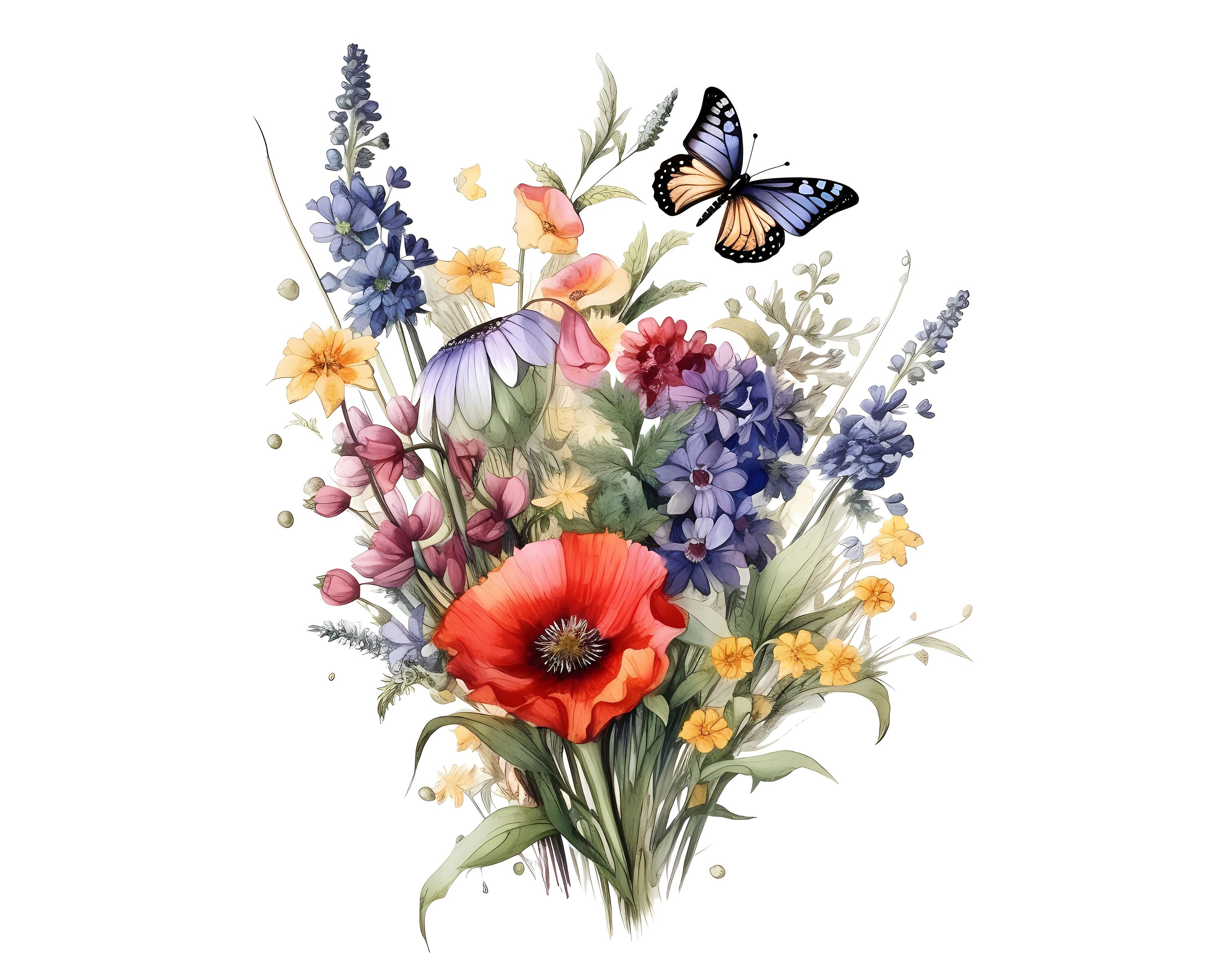 Wildflower Bouquet Watercolor Clipart Stunning Floral Etsy