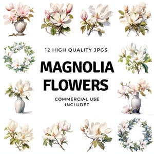 Magnolia Flowers clipart - 12 High Quality JPGs - instant Download - Card Making, invitations, journals, Scrapbooking, Junk journals