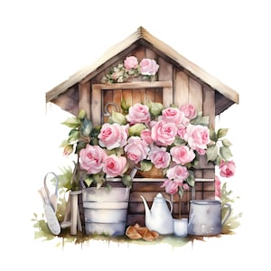 rose garden house clipart - 12 High Quality JPGs - instant Download - Card Making, invitations, journals, Scrapbooking, Junk journals