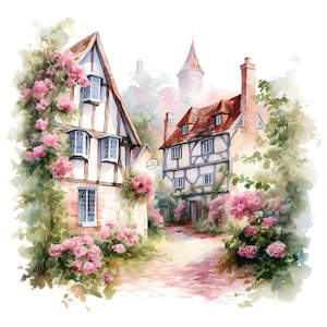 English village clipart - 12 High Quality JPGs - instant Download - Card Making, invitations, journals, Scrapbooking, Junk journals