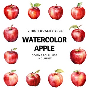 watercolor apple clipart - 12 High Quality JPGs - instant Download - Card Making, invitations, journals, Scrapbooking, Junk journals