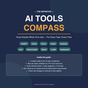 May include: A digital guide titled "AI Tools Compass" with a dark blue background and white and orange text. The guide lists AI tools like ChatGPT and Claude, and promises in-depth profiles and quick-reference tables. The guide is created by Studio Hill Creations.