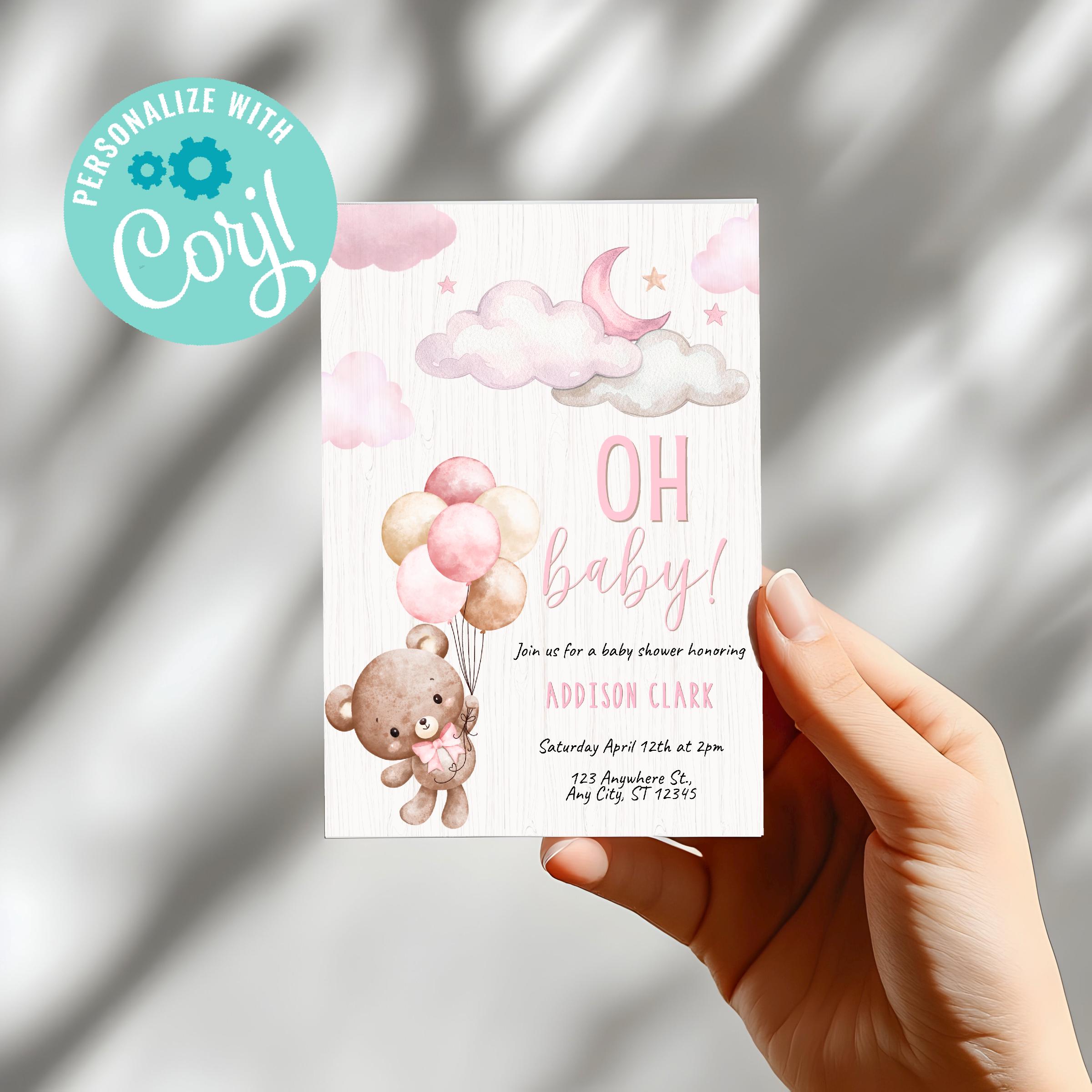 Teddy Bear Baby Shower Invitation | Pink Balloons, Clouds (corjl ...