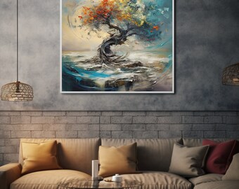 On an Island in Time, A Tree | Printable Digital Wall Art | Oil Painting | Digital TV Art | Digital Download
