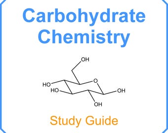 Può includere: Grafica ottagonale bianca con bordo blu. Il testo "Carbohydrate Chemistry" in blu sovrasta un diagramma di struttura molecolare. Sotto, il testo "Study Guide" è in arancione.