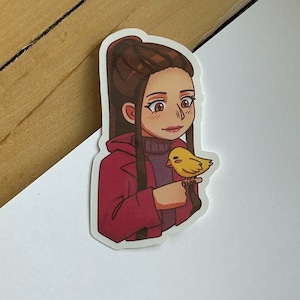 Original Charakter Herbst glänzend Vinyl Aufkleber - Rowan mit einem Vogel Freund - Niedlicher Aufkleber für Wasserflasche, Laptop, Notizbuch, Journal, Brief