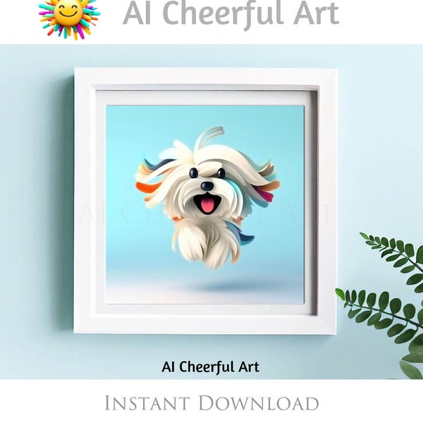 Jolly White Puppy Dog Wall Art Decoration in Soft Glow Abstract Colorful Style, 12" x 12" AI Generated Instant Download PW158