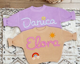 Personalisierter Babynamen-Pullover, Benutzerdefinierter Strickname-Baby-Pullover, Handgestickter Name-Pullover , Babymitteilung, Babypartygeschenk, Geschenk für Baby