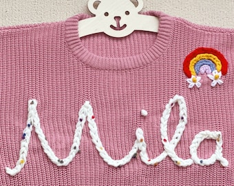 Cute  Pink Customized Name Baby Sweaters, Adorable Personalized Hand-Embroidered Sweaters For Babies and Toddlers,Christmas Gift For Baby