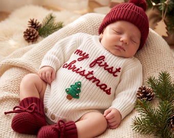 Personalized Embroidered Knit Romper, Custom Name Baby Boy Outfit, Holiday Gift for Newborn, 2026 Christmas Gift, Baby Girl Romper Set