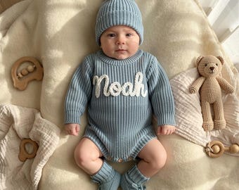 Hand Embroidered Name Baby Romper Set,Personalized Outfit, Baby boy Romper, Coming Home, Organic Cotton Knit,Gender Neutral