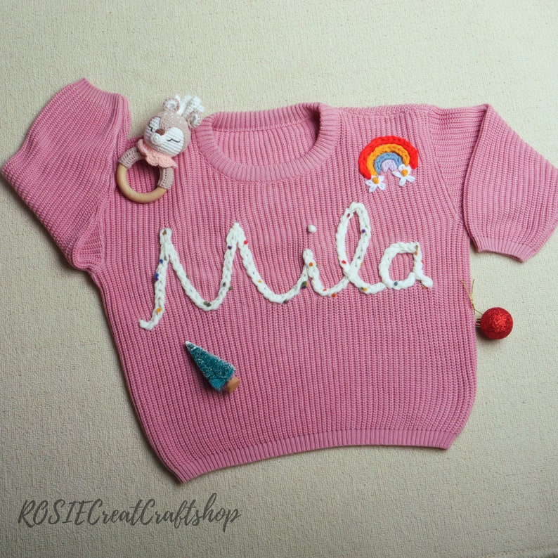Cute Pink Customized Name Baby Sweaters, Adorable Personalized Hand-Embroidered Sweaters For Babies and Toddlers,Christmas Gift For Baby zdjęcie 2