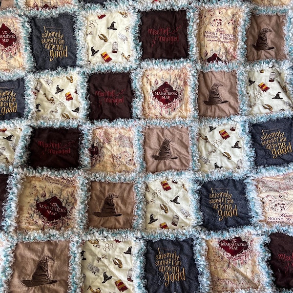 Harry Potter inspired Rag Quilt Throw with theme embroidery squares.