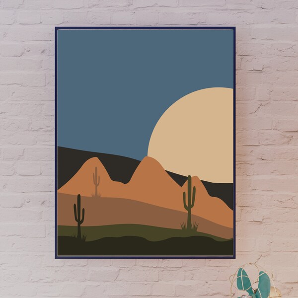 Desert Night Mountain Art Abstract Geometric Minimalist Wall Art Desert Mountain Canvas Art Desert Mountain Wall Art