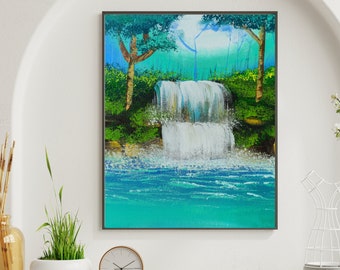 森の中の青い滝と池の油絵デジタルダウンロード壁アート。家の装飾の