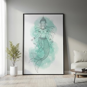 Sovann Macha Watercolor Art Print | Khmer Mermaid Poster, Cambodian Mythology Wall Art, Reamker, Southeast Asian Fantasy Illustration