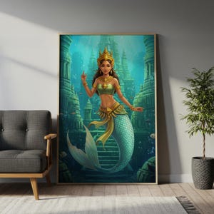 Sovann Macha Cambodian Wall Art | Khmer Mermaid Wall Art, Cambodian Reamker Mythology Decor, Apsara Illustration, Southeast Asian Poster