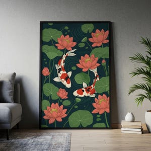 Koi Fisch Lotus Blume Kunstdruck | Japanisch inspirierte Wanddekoration, asiatisches Zen Poster, Teich Leben Kunst, Gelassenes Wohnkultur, Natur Druck, Fisch Kunst