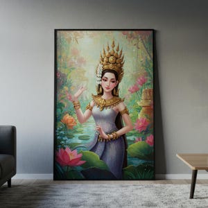 Khmer Apsara Cambodian Wall Art | Cambodian Dancer Wall Art, Traditional Southeast Asian Decor, Lotus Illustration, Angkor Wat Inspired Art