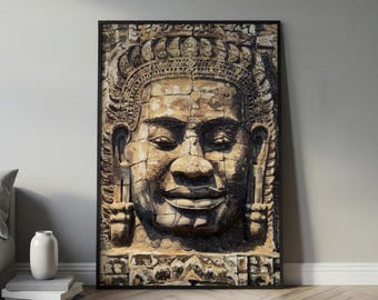 Bayon Temple Art Print | Khmer Stone Face Wall Art, Angkor Wat Inspired, Ancient Cambodian Architecture, Southeast Asian Poster