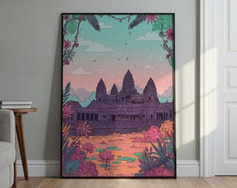 Angkor Wat Tropical Art Print | Colorful Cambodian Temple Poster, Botanical Wall Art, Southeast Asia Illustration, Fantasy Landscape Art