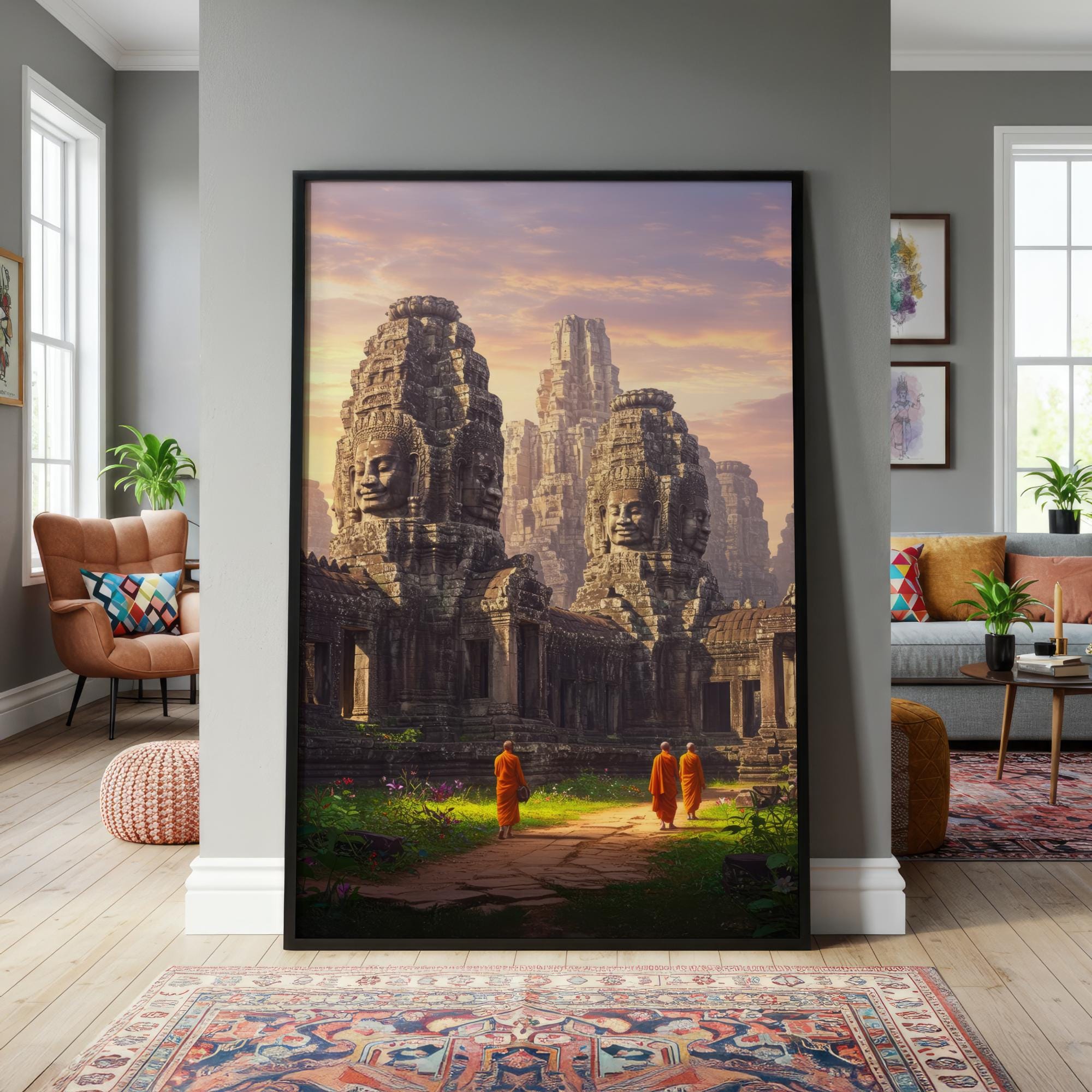 Bayon Temple Monks Art Print | Angkor Thom Cambodia, Khmer Temple Faces, Southeast Asia Wall Art, Spiritual Journey Decor, Ruins Print