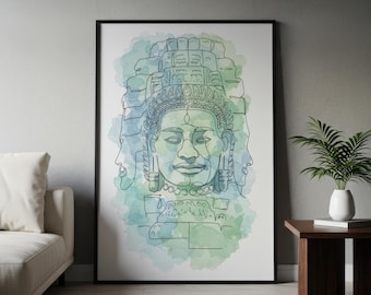 Bayon Temple Watercolor Art Print | Khmer Stone Face Poster, Angkor Wat Wall Art, Cambodian Buddhist Decor, Southeast Asian Artwork