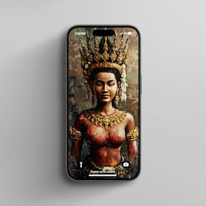 May include: A digital illustration of a woman wearing a gold crown and jewelry. The woman has dark hair and brown eyes. The background is a textured, brown and gold color.