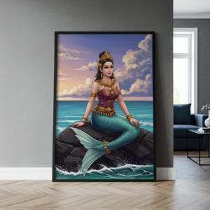 Sovann Macha Khmer Wall Art | Khmer Mermaid Art, Cambodian Reamker Mythology Decor, Southeast Asian Ocean Folklore, Cambodian Poster, Khmer