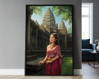 Khmer Woman at Angkor Wat Art Print | Southeast Asian Culture, Spiritual Wall Decor, Temple Art, Cambodian Traditional Dress, Khmer Wall Art