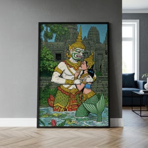 Cambodian Hanuman & Sovann Macha Art Print | Khmer Mythology Wall Art, Reamker Love Story, Southeast Asian Mermaid Poster, Angkor Wat