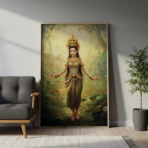 Khmer Apsara Dancer Art Print | Cambodian Goddess, Southeast Asian Wall Art, Spiritual Decor, Tropical Forest Painting, Cambodian Art, Khmer