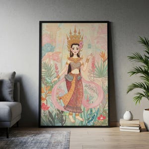 Khmer Apsara Cambodian Wall Art | Cambodian Mythology Wall Art, Southeast Asian Illustration, Traditional Khmer Dancer Decor, Khmer Wall Art
