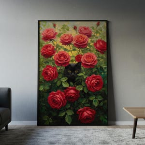 Black Cat Red Roses Painting Print | Floral Feline Poster, Gothic Botanical Wall Art, Dark Academia Decor, Whimsical Cat Art, Moody Floral