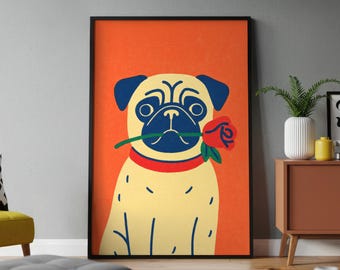 Pug Rose Riso Print | Funny Pug Wall Art, Romantic Dog Poster, Cute Home Decor, Pop Art Illustration, Gift for Dog Lover, Pug Art, Wall Art