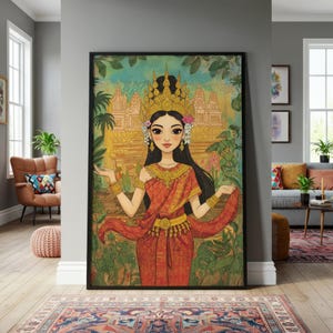 Celestial Apsara Goddess Art Print | Khmer Wall Art, Cambodian Angkor Wat Folk-art, Mystical Bohemian Home Decor, Asian Poster