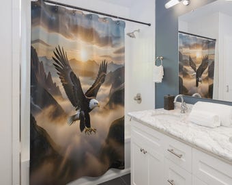 Majestic American Eagle Flying Over Mountains Shower Curtain | Patriotic Nature Decor