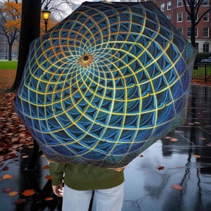 Peut inclure: Un parapluie ouvert avec un motif géométrique bleu et jaune. Le motif en spirale présente un fond bleu foncé et des lignes de grille jaunes. Le parapluie est ouvert, et la poignée n'est pas visible.