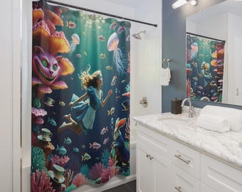 Alice Underwater with Cheshire Cat and White Rabbit Shower Curtain | Wonderland Illustration