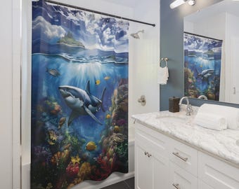 White Shark Split-View Ocean Shower Curtain | Underwater Coral Reef Art