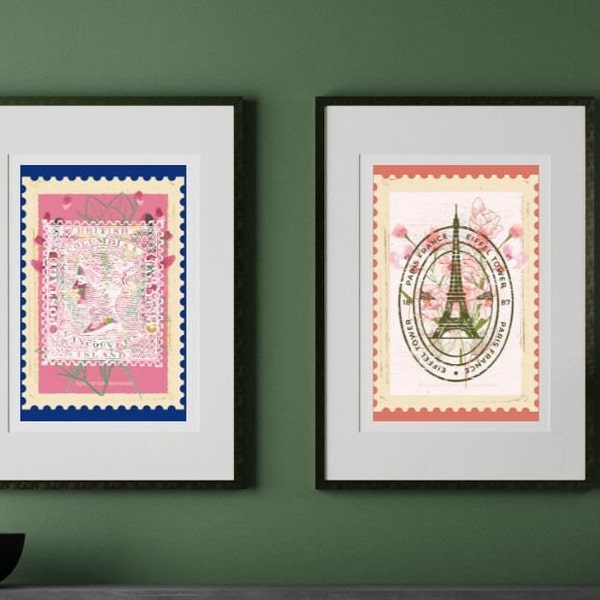 Travel Stamp Print, Set of 4, Stamp Wall Art, Floral Decor Posters, London Poster, Paris Print, Travelling Wall Art Set, Digital Download