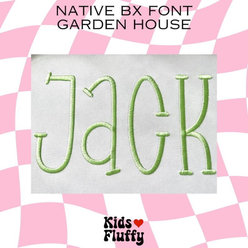 May include: Green embroidered letters spelling "JACK" in a whimsical font style on a white fabric background. The letters are outlined in a darker green thread. The image is framed by a pink and white checkered pattern.