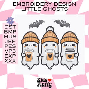 May include: Three white ghosts wearing orange knit hats and holding cups of coffee. The ghosts have black eyes and mouths and are smiling. The background is a pink and white checkered pattern. The text "Kids Fluffy" is at the bottom of the image.