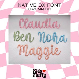 Hay Miaou BX Embroidery Font – Native BX for Embrilliance – Script Satin Stitch Alphabet for Names & Gifts