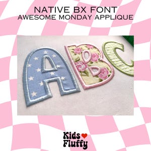 May include: Close-up of three embroidered fabric letters, A, B, and C, in different patterns. The letter A is blue with white stars, the letter B is pink with a floral pattern, and the letter C is green with a plaid pattern. The letters are on a white background.