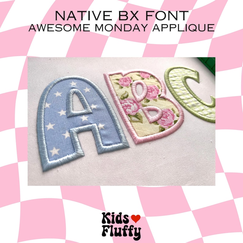 May include: Close-up of three embroidered fabric letters, A, B, and C, in different patterns. The letter A is blue with white stars, the letter B is pink with a floral pattern, and the letter C is green with a plaid pattern. The letters are on a white background.
